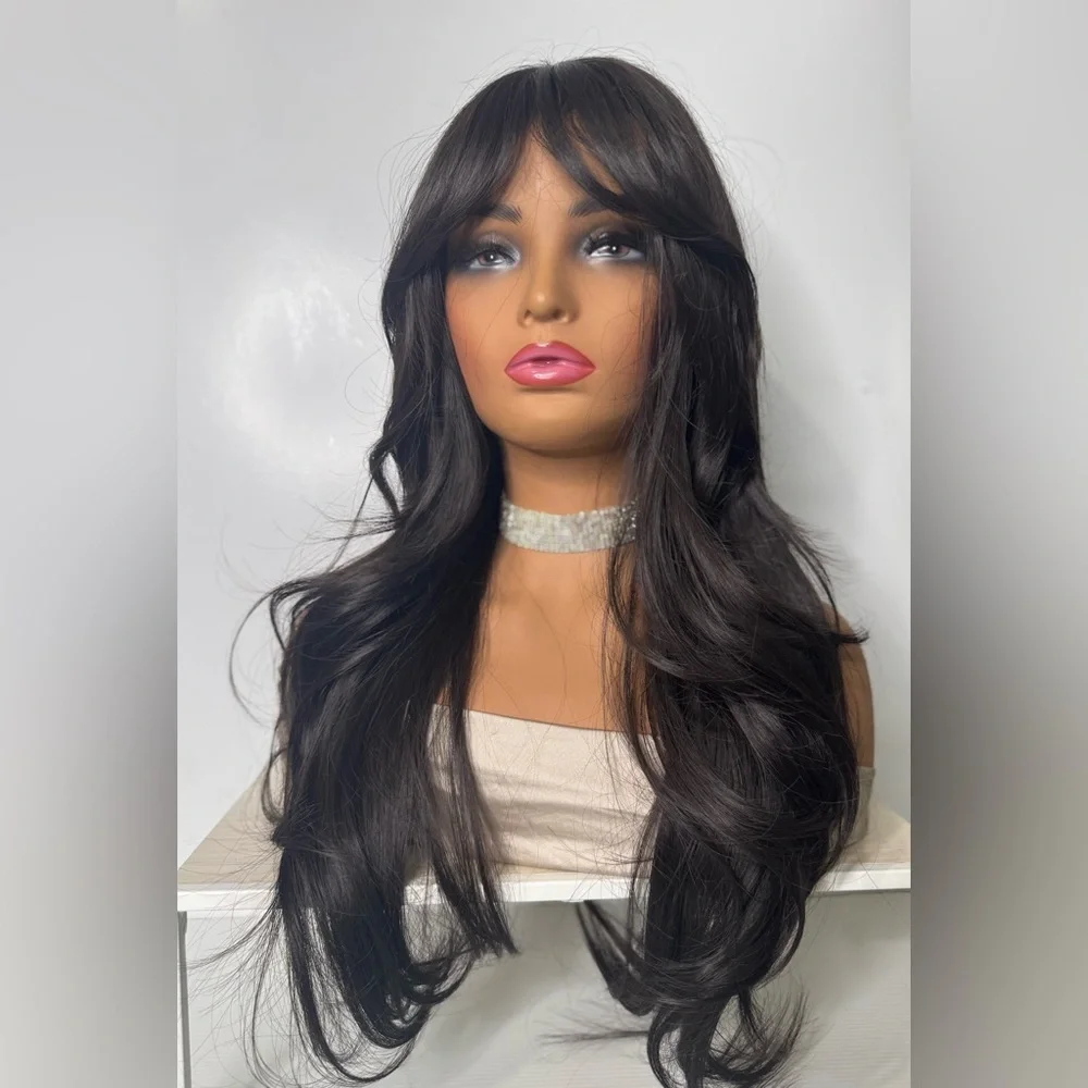 Long Black Layered Synthetic Wig – Natural Jet Black, Curtain Bangs